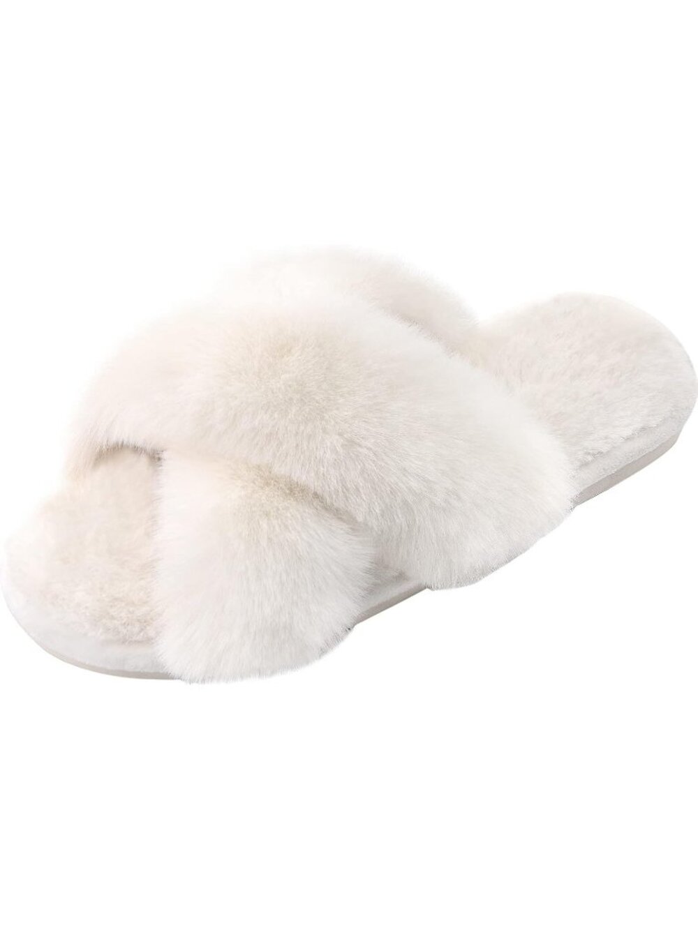 Women's All White Fuzzy Cross Band Slippers Memory Foam House Shoes Slip On